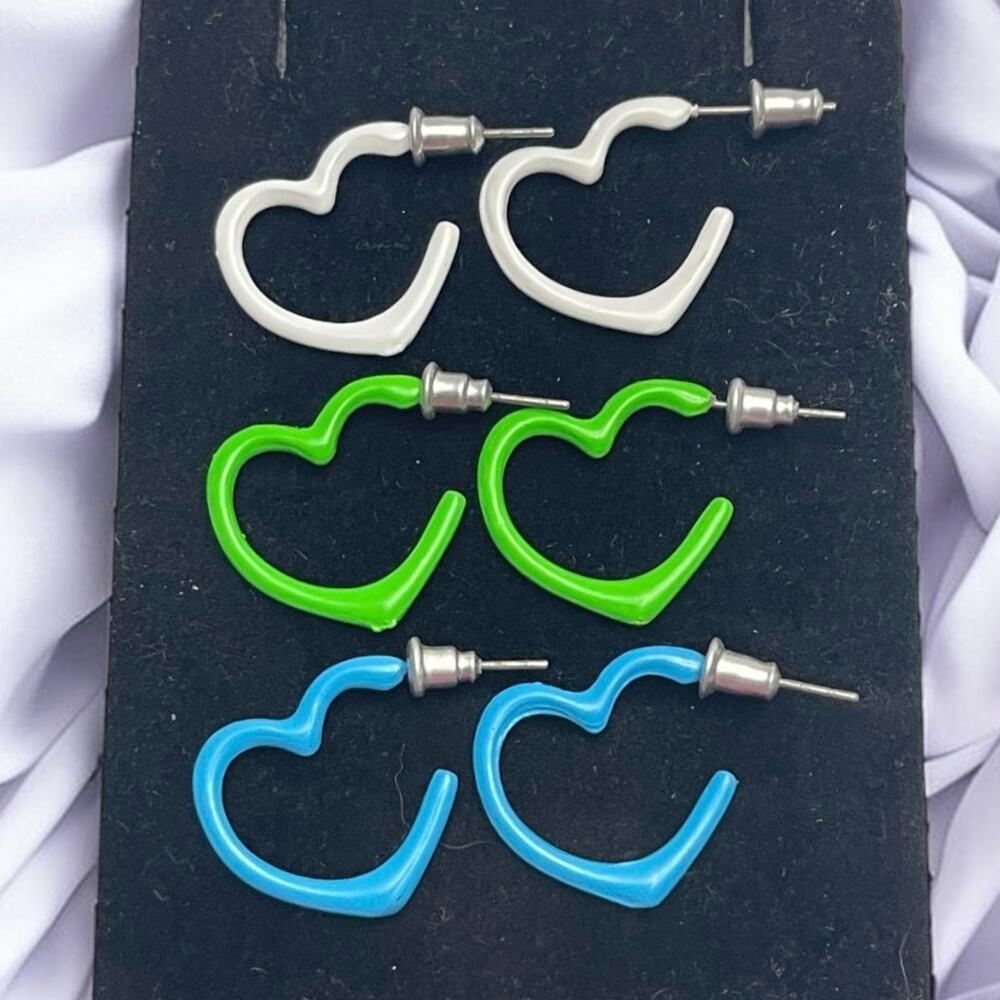 Set of (3) White, Light Blue, Bright Green Open Heart Shaped Coated Earrings-NEW